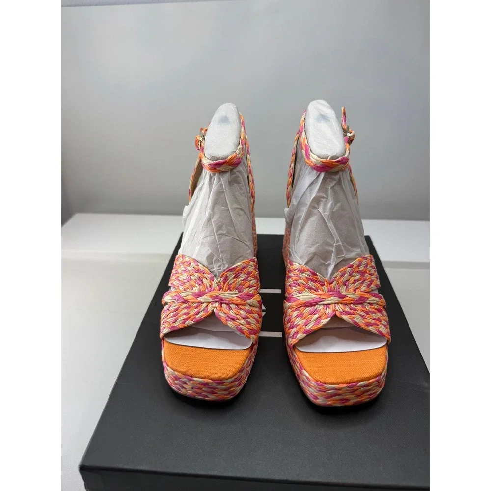 Marc Fisher LTD Janie Pink Orange Woven Block Heel Sandals 8.5M NEW